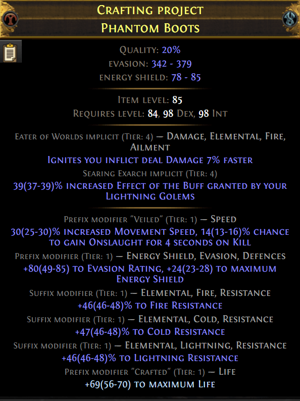 Crafted Phantom Boots with Onslaught Mod