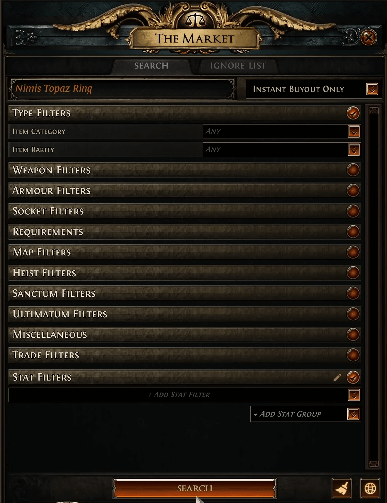 Path of Exile In-Game Market Panel Interface