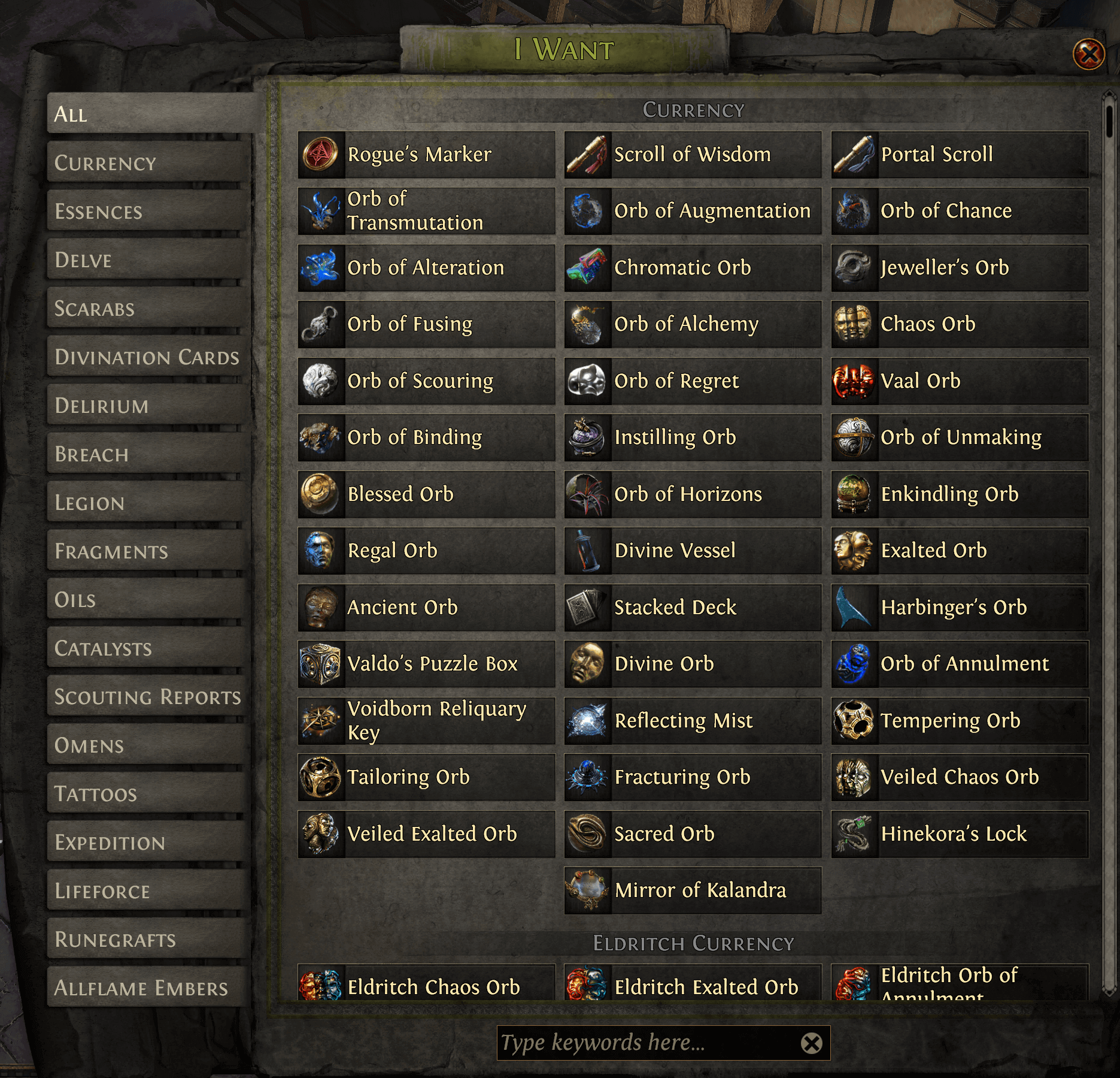 Selecting Desired Currency in PoE Currency Exchange