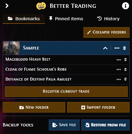 Better Trading Browser Extension Bookmarks and Pinning Items Interface
