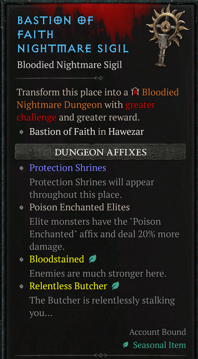 Bloodied Nightmare Dungeon with Relentless Butcher affix