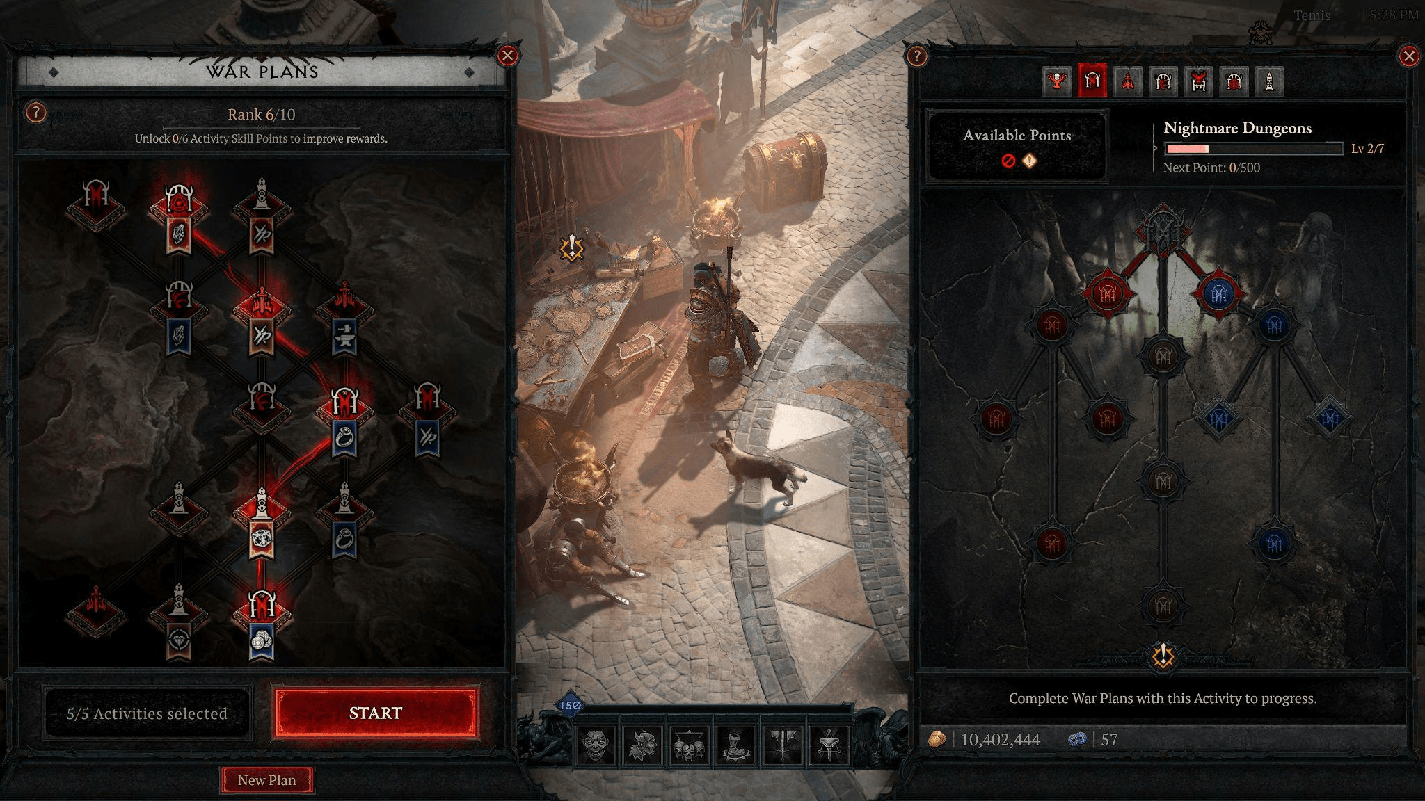 Diablo 4 War Plans system interface showing activity selection and progression