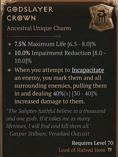Example of a unique charm created from Godslayer Crown using Horadric Cube
