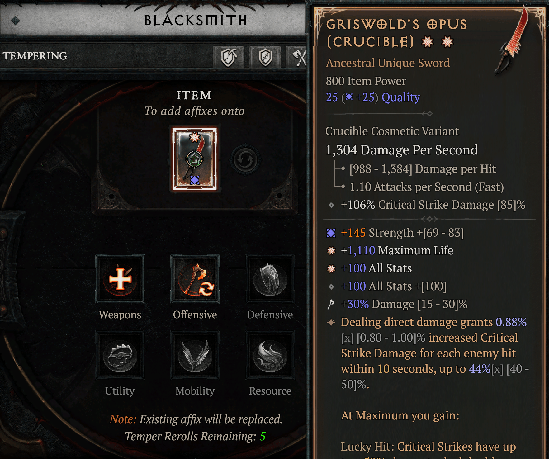 Diablo 4 blacksmith tempering unique and mythic items in Lord of Hatred