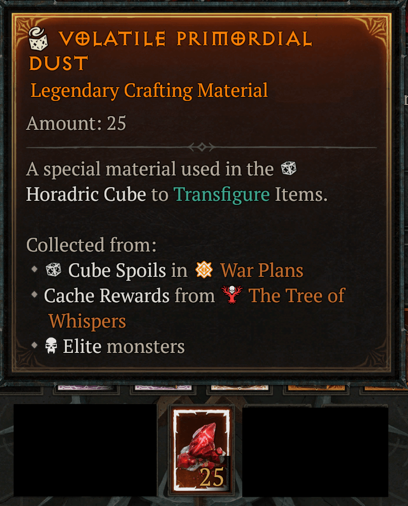 Diablo 4 Horadric Cube crafting materials including Volatile Primordial Dust and Tuning Prisms