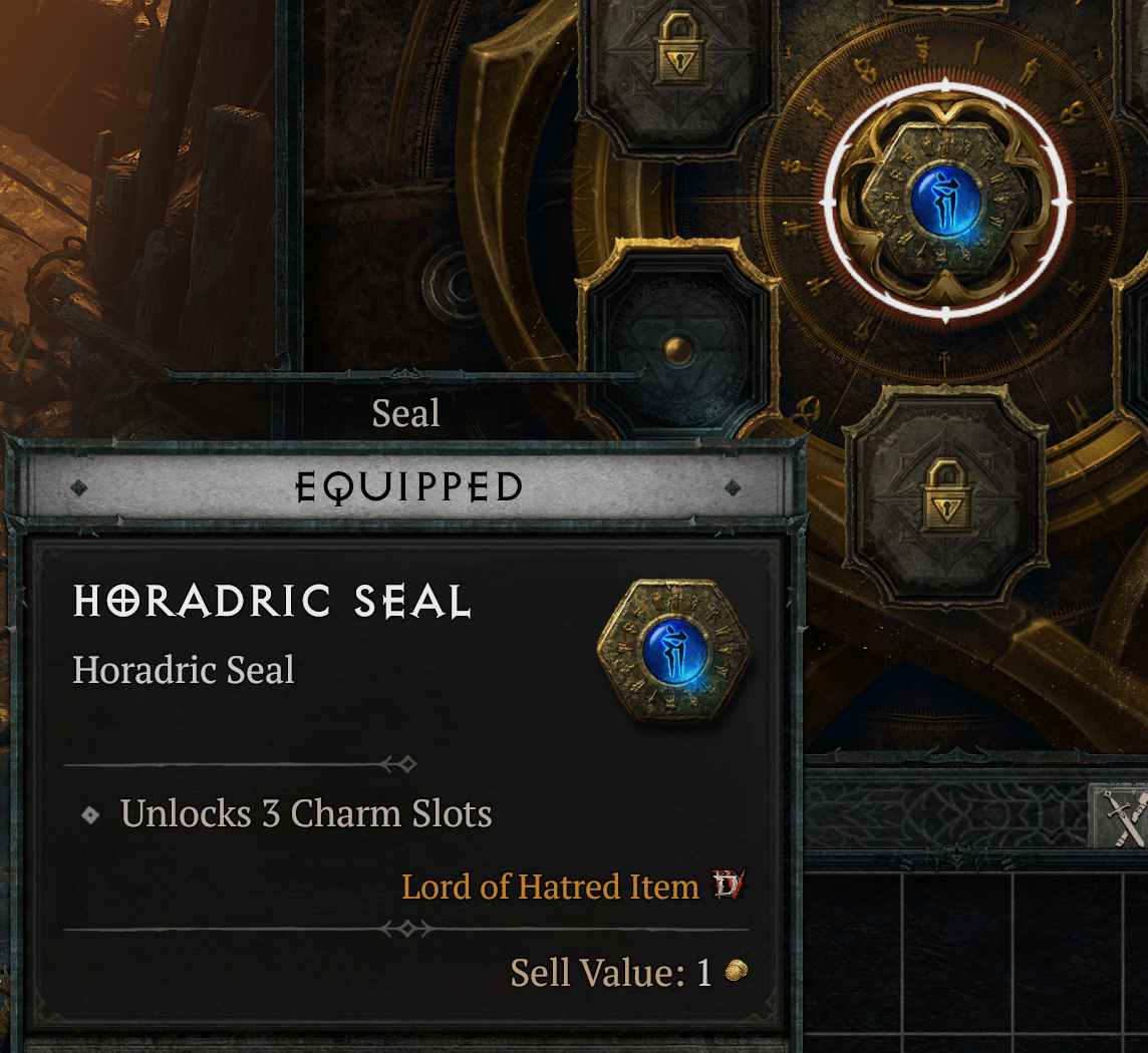 Diablo 4 Charm inventory showing early game charms with general bonuses