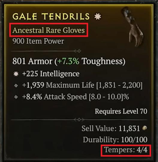 Diablo 4 item tooltip showing temper reroll count and Scroll of Restoration usage