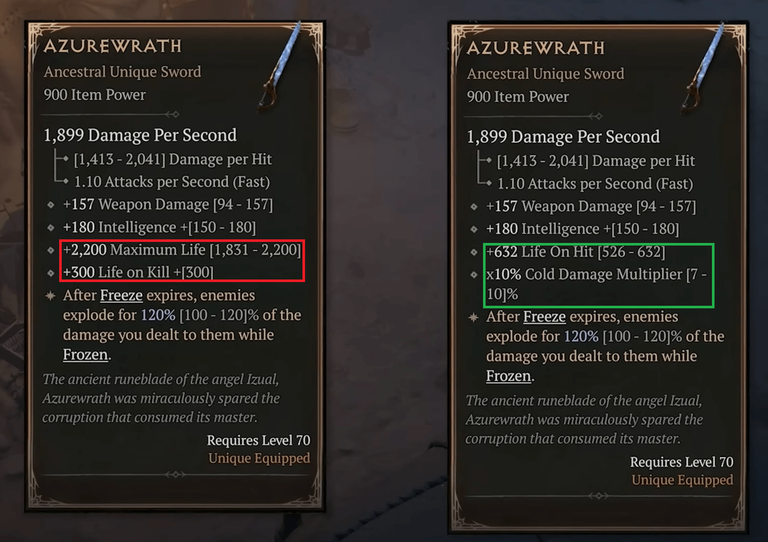 Diablo 4 unique item Azurewrath showing randomized affix changes in Lord of Hatred