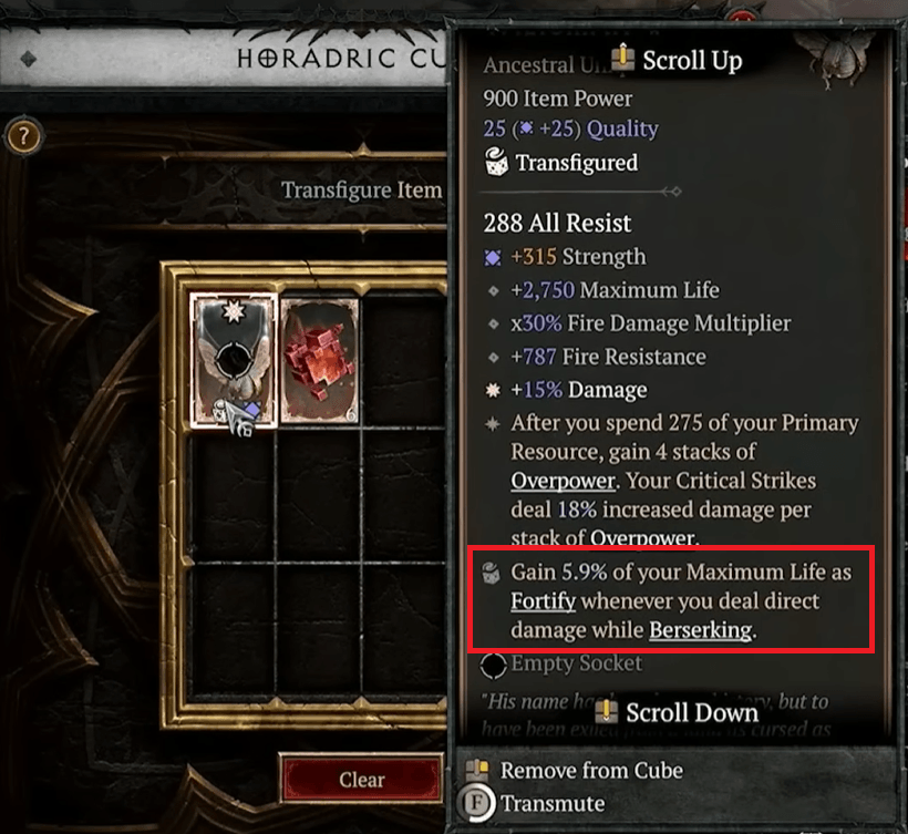 Diablo 4 Horadric Cube transfigure item option adding Legendary Aspect to unique amulet