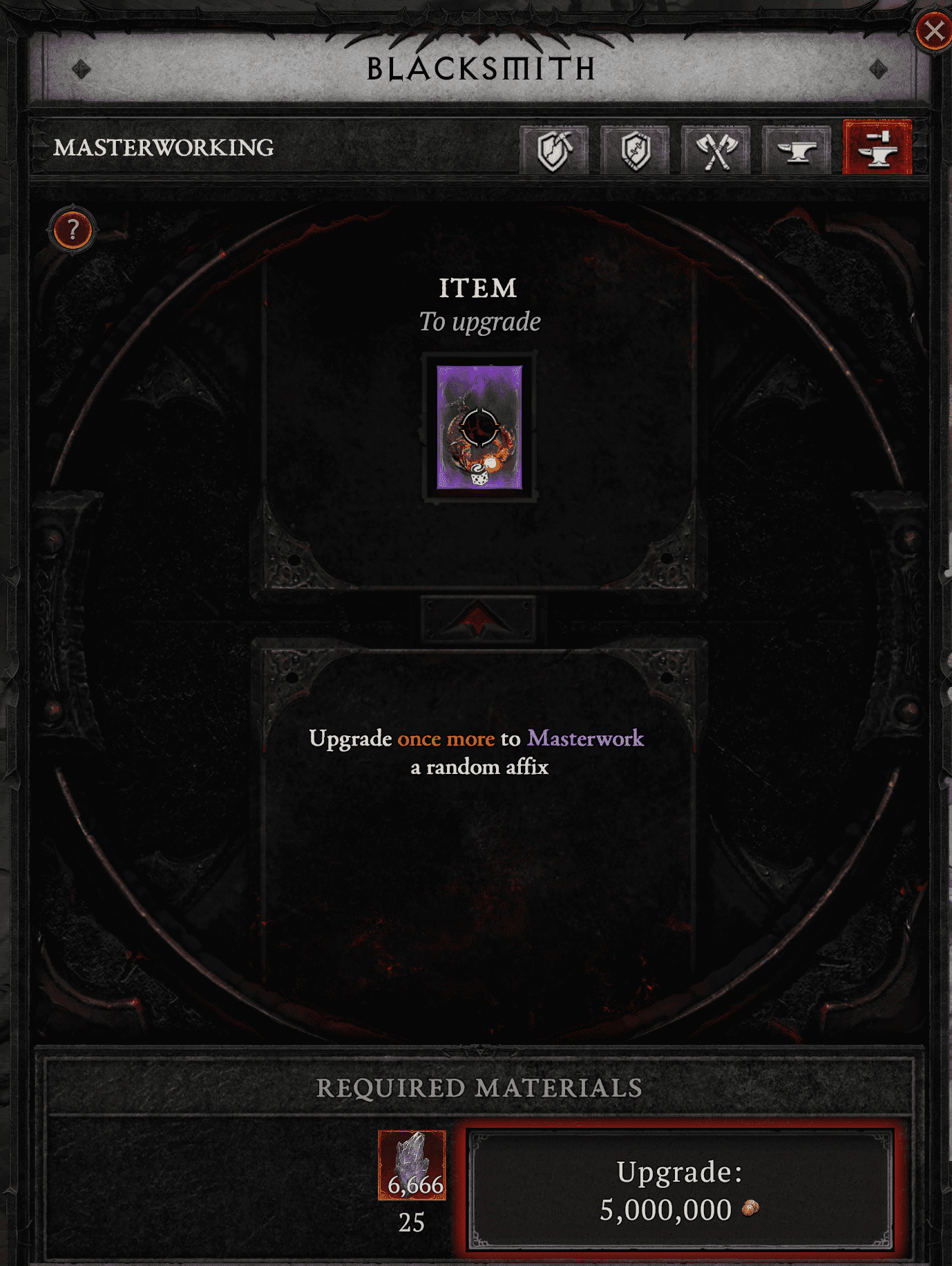 Diablo 4 Masterworking interface at the Blacksmith
