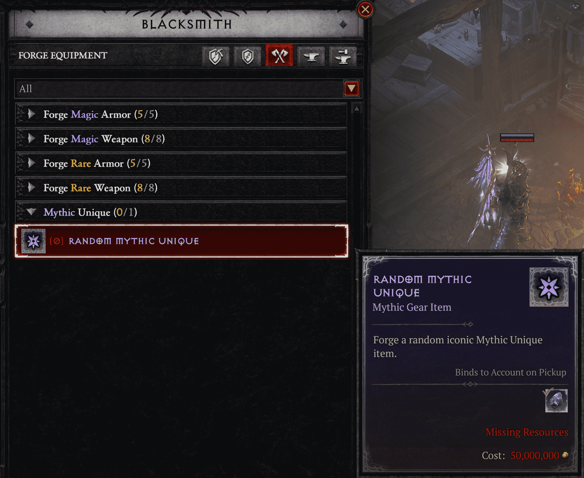 Blacksmith Mythic Unique crafting in Diablo 4
