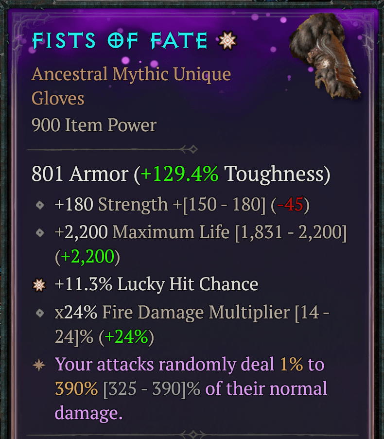 Fists of Fate Ancestral Mythic Unique gloves in Diablo 4