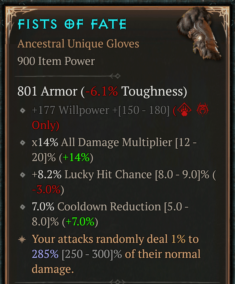 Fists of Fate Ancestral Unique gloves in Diablo 4