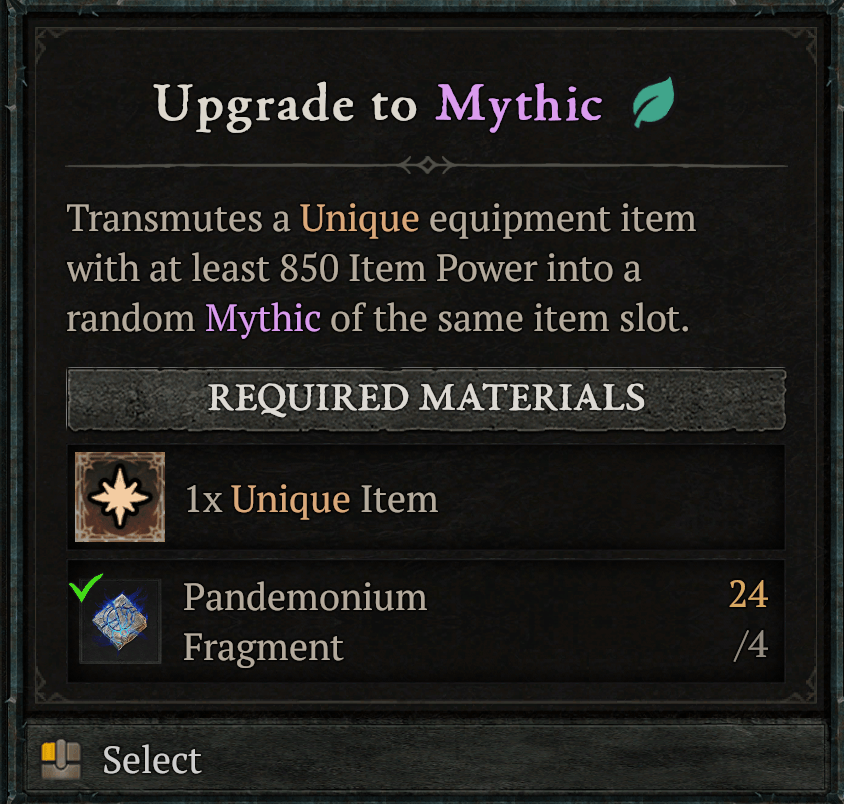 Upgrade to Mythic recipe in Diablo 4
